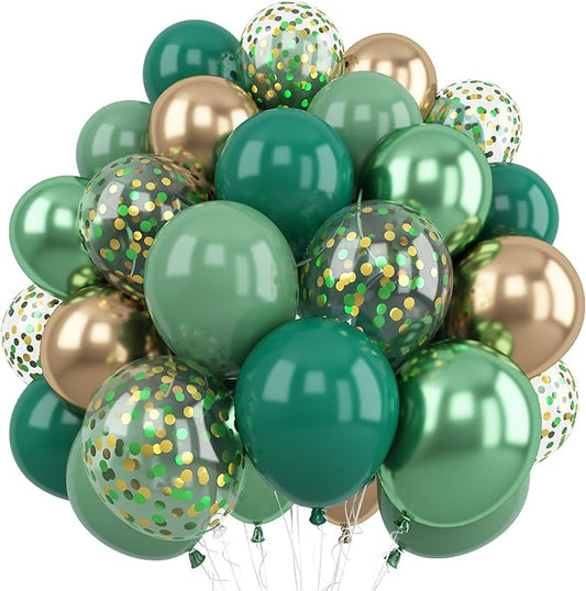 Sage Green and Gold Balloons, 12 Inch Emerald Forest Hunter Dark Green Metallic Gold Latex Balloon with Confetti Balloon for Wild One Jungle Birthday Graduation Safari Baby Shower Decorations Supplies