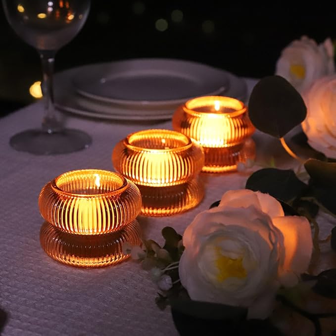 Woho Ribbed Votive Candle Holders Set of 6 for Wedding Table, Amber Tealight Candle Holder Glass for Home Decor, Vintage Tea Lights Candle Holder for Thanksgiving/Fall Decor(Brown, 2.1" H X 2.75" D)