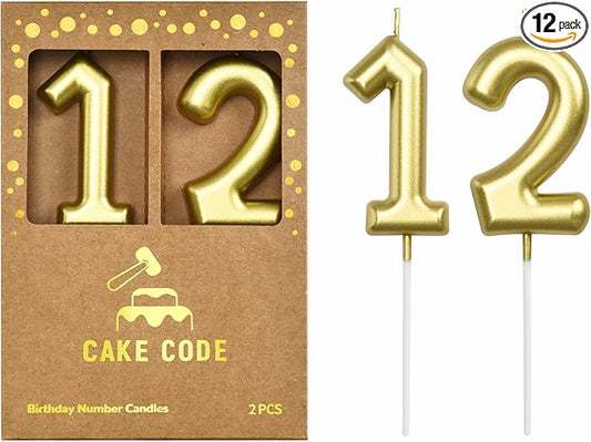 2.76 Inch Classical Gold 12 Number Birthday Candles, Gold and Cake Number Candles for Party Celebration