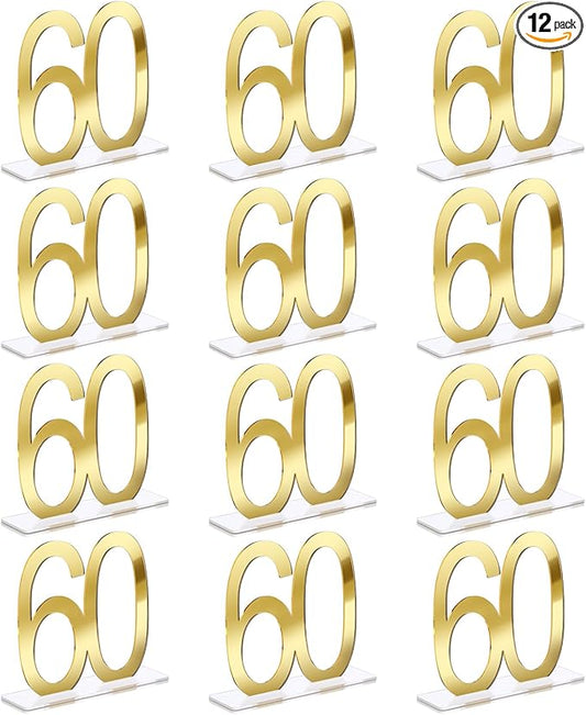 Threehoney 12 Pcs Mirror Gold 60th Birthday Decorations for Men and Women Acrylic Anniversary Decorations Table Numbers Centerpieces for Birthday Party
