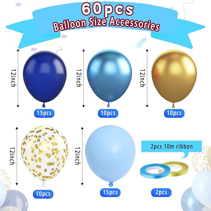 Paready Blue and Gold Latex Balloons, 60 Pcs 12 Inch Navy Blue Metallic Gold Confetti Balloons, Blue Party Balloons for Baby Shower Wedding Anniversary Birthday Theme Party Graduation Decoration