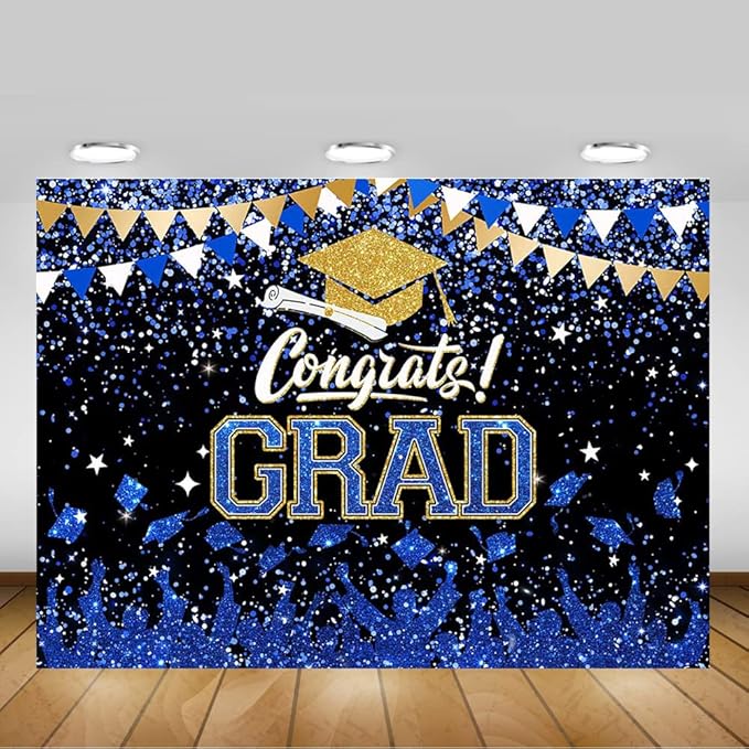 Mocsicka Graduation Party Decorations 2026 Congrats Grad Backdrops for Photography Bachelor Cap Congratulations Grad Photo Backdrop Graduation Prom Party Supplie (Blue and Gold, 7x5ft (82x60 inch))