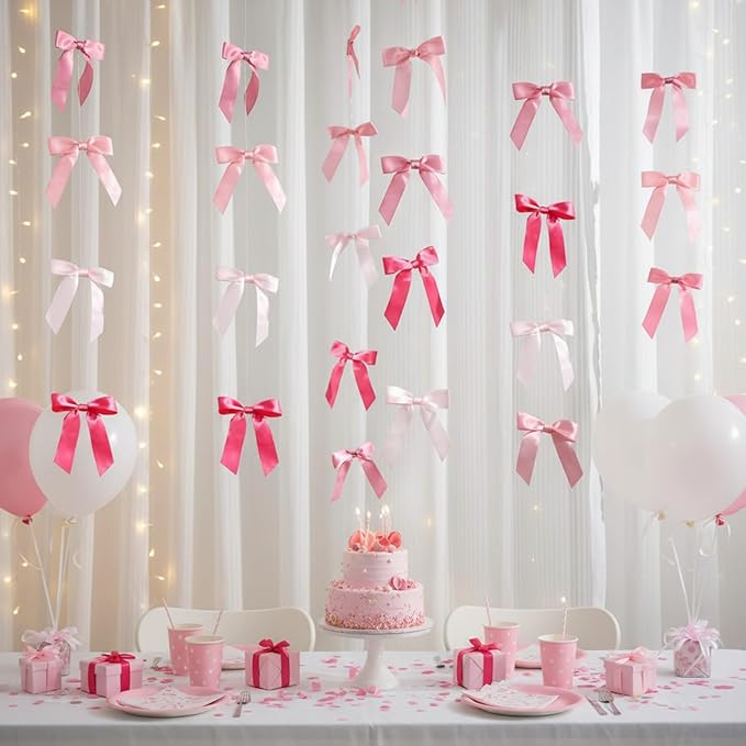 Taobary 8 Pcs 6.6 ft Bow Garland, Satin Ribbon Bow Banner Coquette Hanging Ornament for Photo Backdrop Birthday Party Wedding Bridal Baby Shower Wall Decorations(Pink Series,1 Inch)