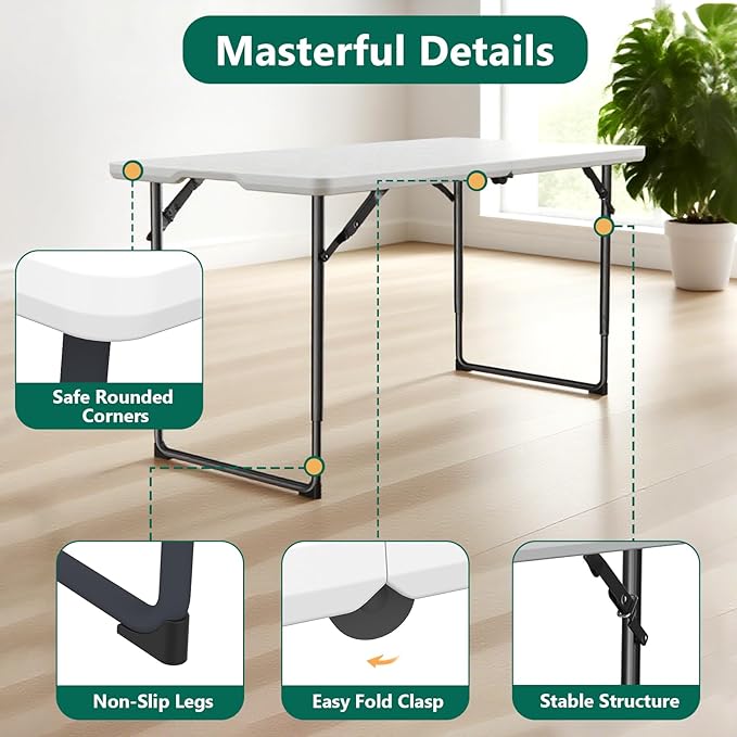 4ft Folding Table with Adjustable Height, Heavy Duty Fold-in-Half Plastic Table with Steel Legs and Handle, Portable for Indoor, Outdoor, Picnic, Camping, Dining, Party, White