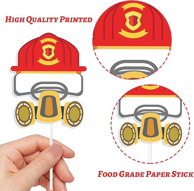 Whaline 72Pcs Fireman Themed Cupcake Topper 12 Designs Fire Truck Firefighter Cupcake Picks Fire Engine Rescue Food Picks with Glue Point for Birthday Baby Shower Party Supplies Cake Decor