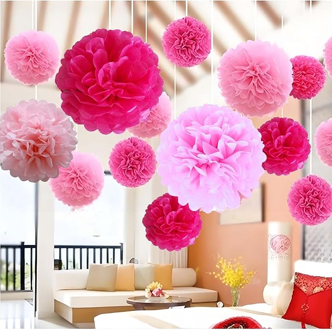 Hot Pink Tissue Paper Pom Poms12Pcs Hanging Paper Flowers for Valentine's Women's Mother's Day Bachelorette Engagement Wedding Birthday Graduations Christmas Any Pink Party Decor