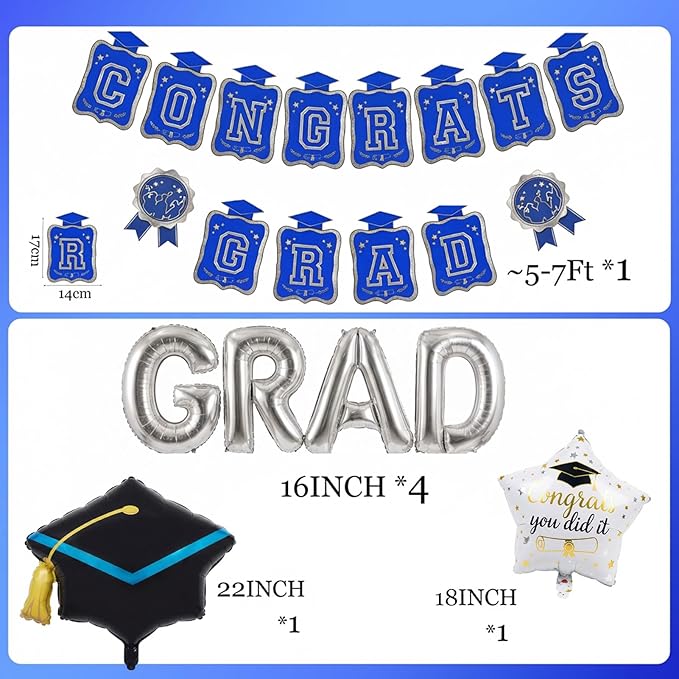 Royal blue Silver Balloon Garland Arch Kit with backdrop Stars Graduation Cap crown GRAD Letters Mylar Balloons for 2026 graduate Prom Decorationss