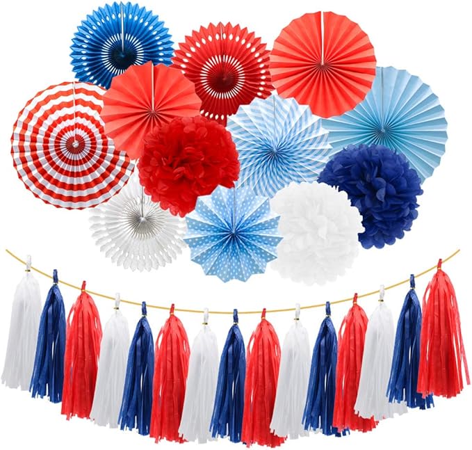 Navy Blue Red White Party Decorations Hanging Paper Fans Pom Poms Flowers Tissue Tassel Garland for 4th of July Day Patriotic Decoration Graduation Birthday Supplies