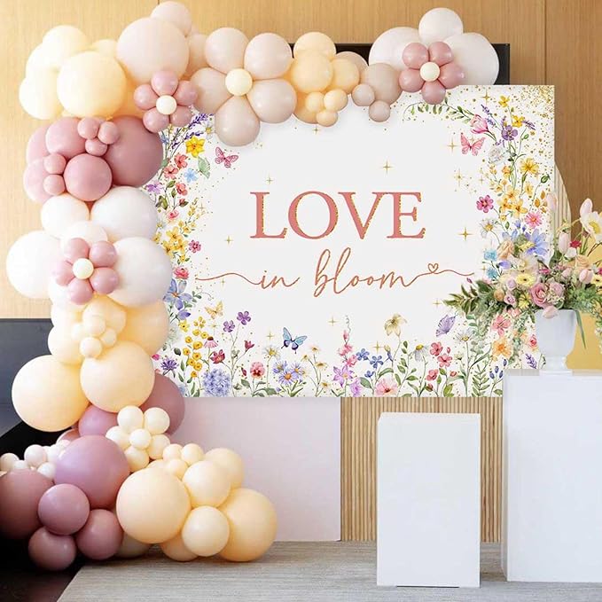 Mocsicka Love in Bloom Backdrop - Wildflower Baby Shower Backdrop, Wildflower Bridal Shower Decorations, Pink for Girls Birthday Baby Shower Party Supplies Banner (Pink, 8x6ft(96"x72"))