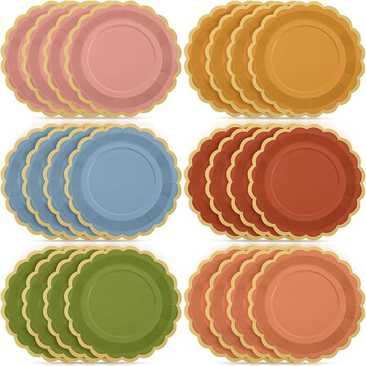 48 Pcs Wildflower Color Paper Plates 9 Inch Colorful Boho Scalloped Paper Disposable Dinner Dessert Plates for Birthday Wedding Bridal Party Supplies, 6 Colors