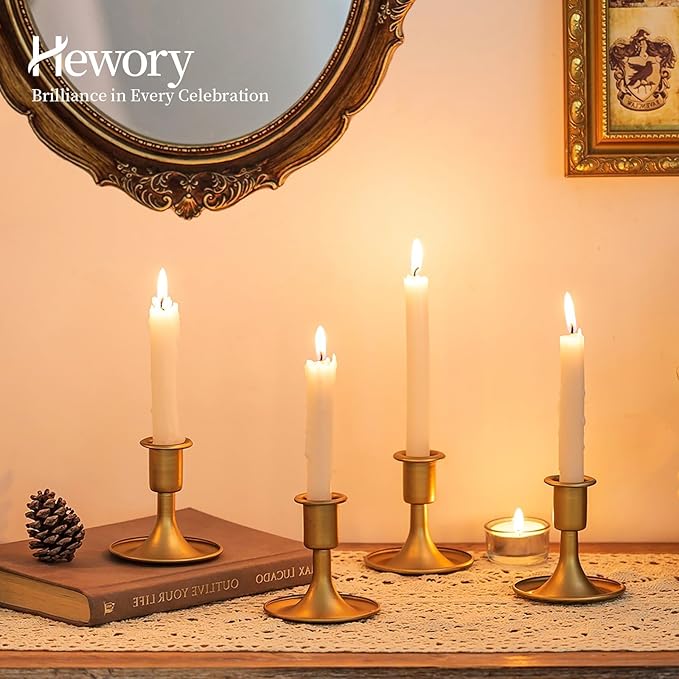 Gold Taper Candle Holder Set of 6, Hewory Short Skinny Brass Candlestick Holders, Vintage Small Low Metal Candles Sticks for Wedding Centerpieces Christmas Birthday Party Holiday Dining Table Decor