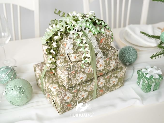 HUIHUANG Curly Bows for Gift Wrapping 7 inch Sage Green/Moss/Ivory Gift Bow with Self Adhesive & Twist Tie Ribbon Bows for Presents, Gift Basket, Wedding Decor, Baby Shower- 6 Counts