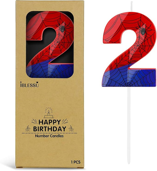 Number 2 Spider Themed Birthday Candle, 2.68 Inch Red Blue Spider Birthday Candles, Number Candles Birthday Cake Toppers Web Candles for Boy Girl Spider Party Decoration Supplies Halloween Party