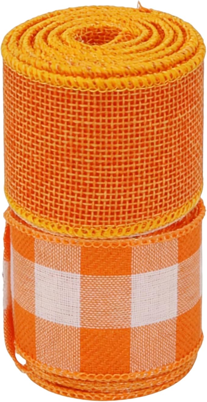 Meseey 1.5 Inch Fall Burlap Wired Ribbon Set, 2 Rolls Total 10 Yards Solid Orange & Orange White Buffalo Check Wired Edge Ribbon for Wreaths, Bows, Gift Wrapping, Thanksgiving & Halloween Decor