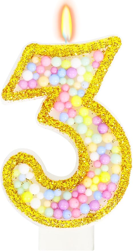 3rd Birthday Candle for Cake, Colorful Macaron Numeral Candles for Girls/Boys, Birthday Party Cake Decorations, Golden Cake Topper for Birthday Party Supplies (Number 3)