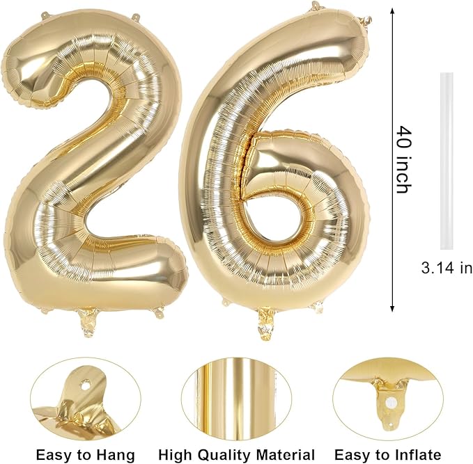 Champagne Gold Large Number 26 Balloon, 40 Inch Light Gold Foil Helium Number Balloons, Giant Mylar Number 26 Balloons for 26 Years Old Birthday Party Anniversary Decorations (Champagne Gold 26)