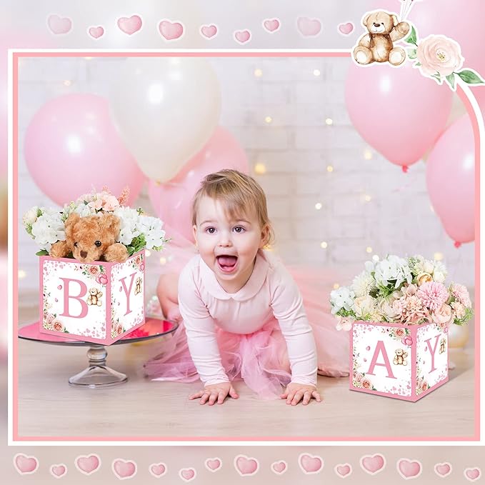 Bucherry 6 Pcs Baby Shower Centerpieces with Letters, 7" Baby Blocks Flower Boxes for Table Decorations, Gender Reveal Party Supplies & Photo Props(Pink,Pink Bear)