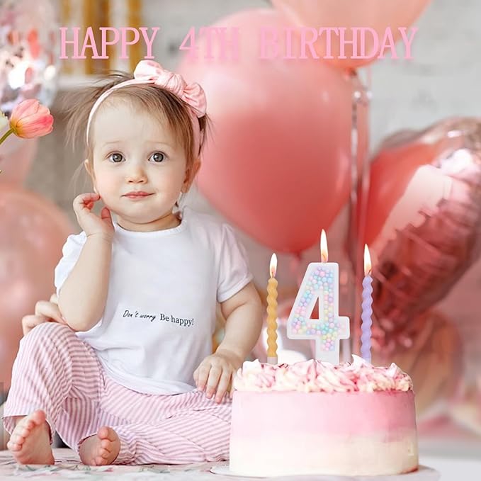 Number 4 Birthday Candles for Cake with 15 Pieces Spiral Candles with Macaron Pastel Rainbow Pink Cake Toppers for Girls Happy Birthday Party Decorations