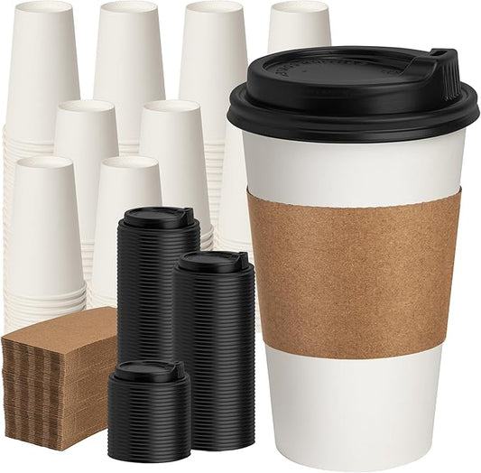 RACETOP Disposabe Coffee Cups with Lids and Sleeves 16 oz 50 Pack, Hot Paper Coffee Cups with Lids, To Go Cup with Lid, Ideal for To Go Coffee, Travel, Office, Home