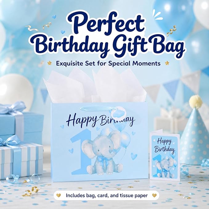 Powbrace 13" Blue Happy Birthday Gift Bag with Tissue Paper and Greeting Card for Party,Happy Birthday Gift Bag for Boys Babies,Gift Bags Medium size(1 PCS Blue Cartoon)