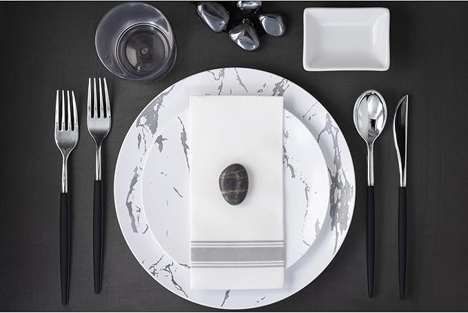Trendables 120 Pack Disposable Silverware Set - Plastic Cutlery Dinnerware - Includes 40 - Forks - Spoons - Knives - White & Gold Plastic Silverware Utensils Party Set