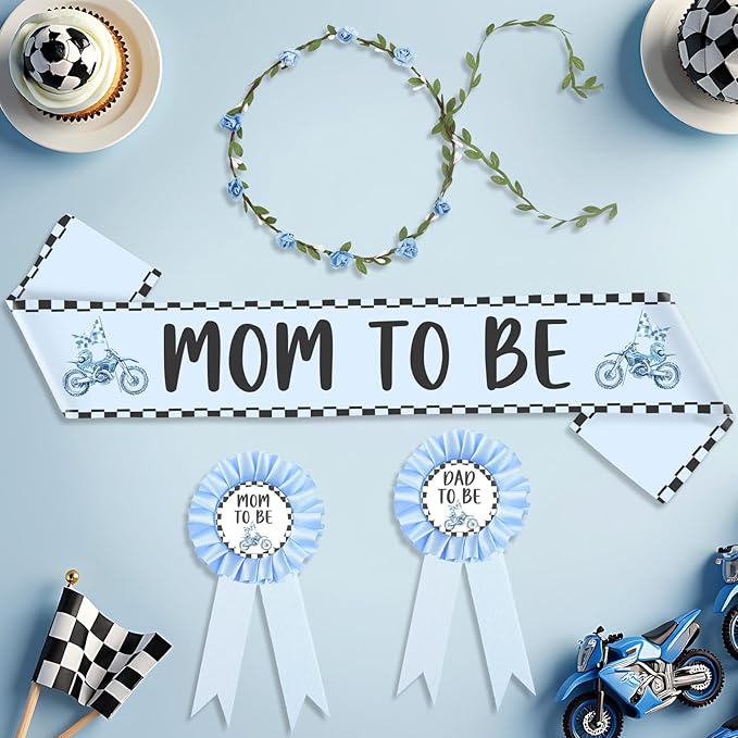Dirt Bike Baby Shower Party Favor Motorcycle Mom to Be Sash Dirt Motor Mom to Be Dad to Be Corsage Pins and Headband for New Parents Blue Gender Reveal Decors Supplies Gifts