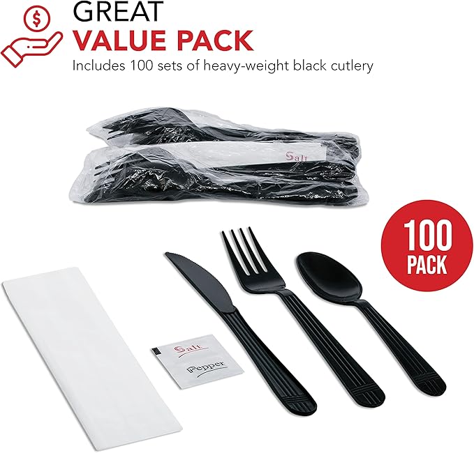 Party Essentials Individually Wrapped Black Plastic Cutlery Packets/Heavy Duty Silverware Kits, Fork/Spoon/Knife/Napkin/Salt/Pepper, 100 Sets