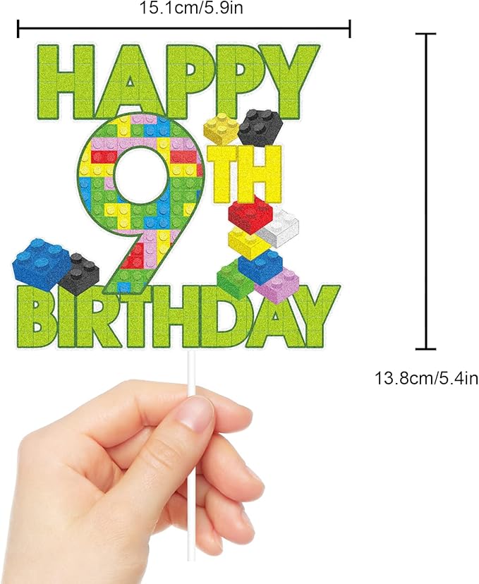 Happy 9th Birthday Building Block Cake Topper - Puzzle Games Boy's 9th Birthday Party Green Cake Topper Supplies - Building Block Party Decoration For Boy