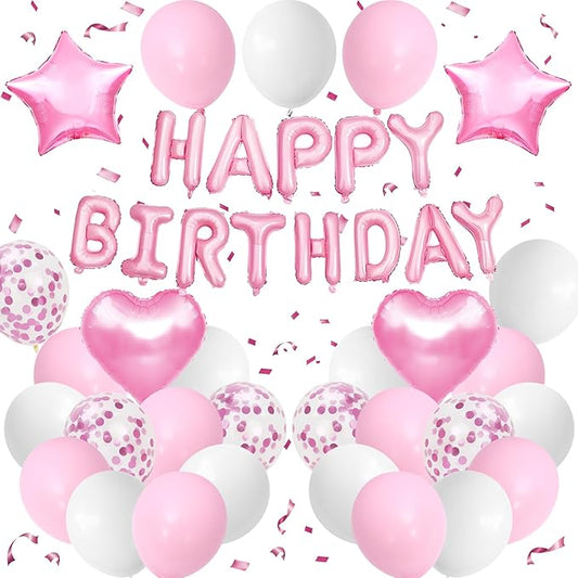Pink White Birthday Decorations for Girls Women,Pink and White Balloons Happy Birthday Balloons Banner Confetti Balloons for Birthday Baby Shower Party Decorations