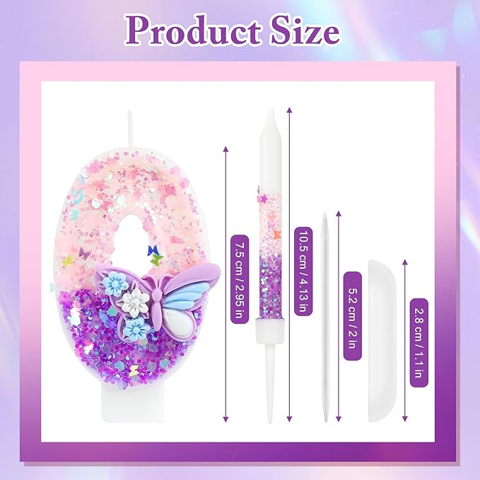 AKURIEEY Butterfly Birthday Candle Purple Number 0 Candle with 6 Pcs Long Candles for Girls Cake Topper Cupcake Decor Party Decoration Anniversary Celebrations Supplies