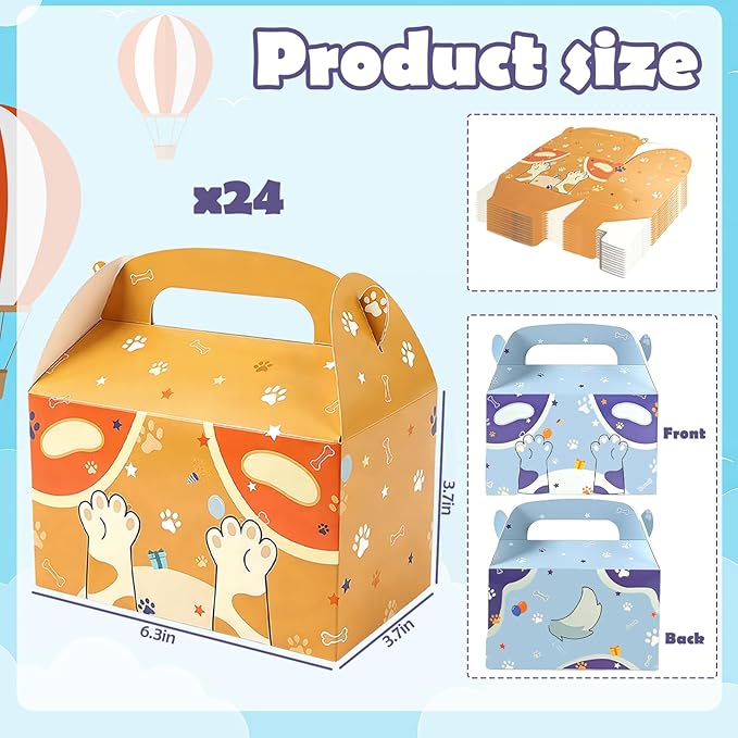 24 Pcs Dog Paw Print Party Favor Treat Boxes, 6.3"x3.7"x3.7" Paper Candy Cookie Snack Goodie Gift Boxes with Handle for Kids Birthday, Baby Shower, Classroom Activities Valentine's Day
