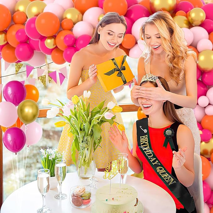 Hot Pink Orange Gold Balloon Garland Arch, 122PCS Rose Red, Metallic Gold Balloons Pink and Orange Party for Wedding Birthday Anniversary Valentine Day Party Decors