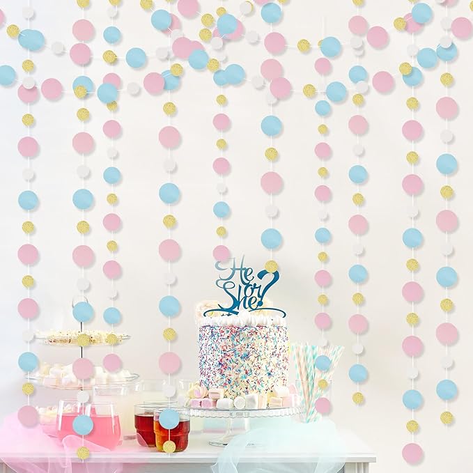 Outus 10 Pieces Pink,Blue,Gold,White Round Dots Garland Graduation Party Hanging Decor Each Length 13.1ft Glitter Paper Dot Streamers for Birthday Wedding Classroom Supplies