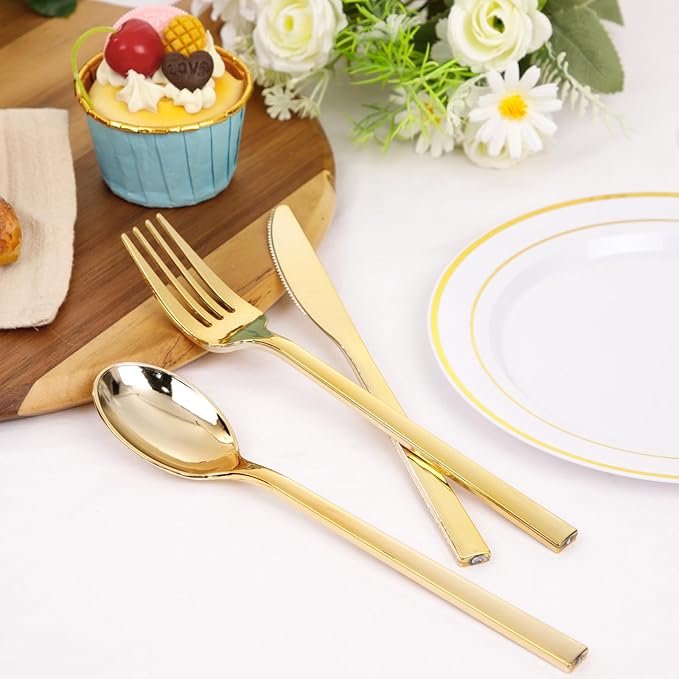 Rubtlamp 3 Packs of 60 Pcs Gold Plastic Silverware - 180 Pcs Heavy Duty Disposable Plastic Utensils - Gold Plastic Cutlery Set for Party&Wedding