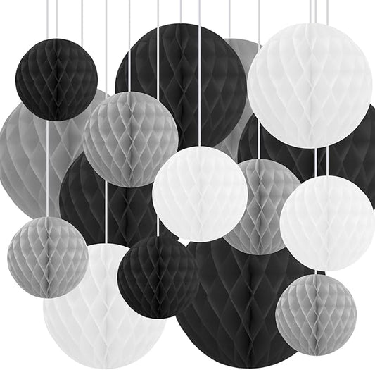 16 Pack Tissue Paper Honeycomb Balls, Poms Birthday Baby Shower Wedding Decorations (Grey Black Shade)