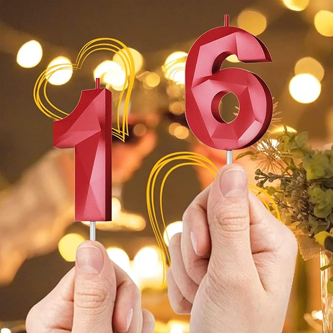 Number Birthday Candles(8 Candle Red) 3D Diamond Shape Number Happy Birthday Cake Candles for Birthday Party Wedding Decoration Reunions Theme Party