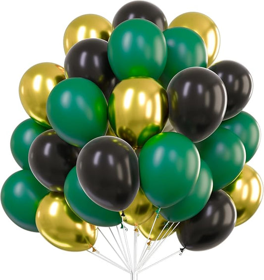 PartyWoo Black Gold and Green Balloons 66pcs 12 Inch Black Gold Green Balloons for Graduation Baby Shower Birthday New Year's Eve Anniversary Bachelorette Retirement Engagement Party Decorations