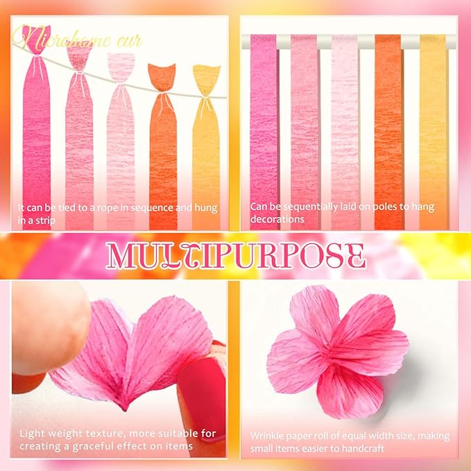 NICROHOME EUR Orange Pink Summer Party Crepe Paper Streamers, 5 Rolls Retro Hanging Garland Streamers for Sunset Party Birthday Wedding Baby Shower Fall Thanksgiving Backdrop Decor (1.8 x 82 Ft/Roll)