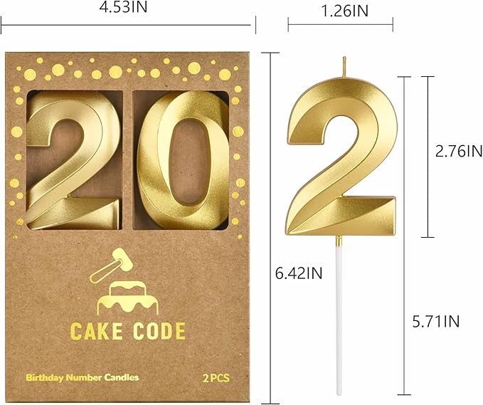 2.76 Inch Diamond Gold 20 Number Birthday Candles, Gold and Cake Number Candles for Party Celebration