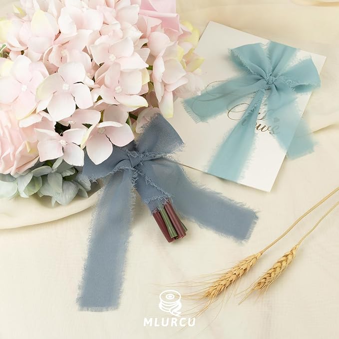 Dusty Blue Chiffon Ribbon 1.5 Inch x 21Yds Handmade Fringe Chiffon Silk Ribbon Dusty Blue/Slate Blue/Dark Blue Frayed Chiffon Ribbon for Wedding Invitation Flower Bouquets Bridal Shower Gift Wrapping