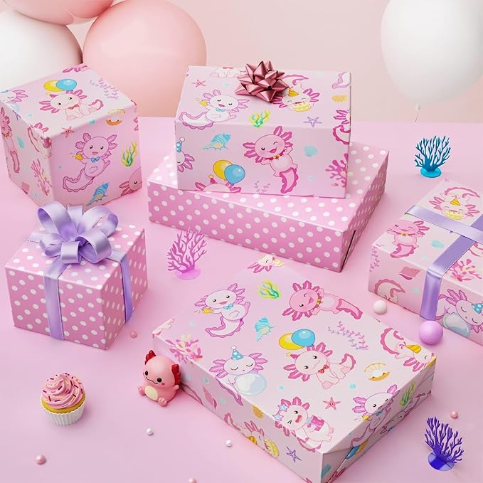 WERNNSAI Axolotl Wrapping Paper - 1 Roll 17” x 33 ft Girls Birthday Wrapping Paper Pink Salamander Pattern Gift Wrap Roll for Kids Girls Ocean Theme Party Favor Polka Design