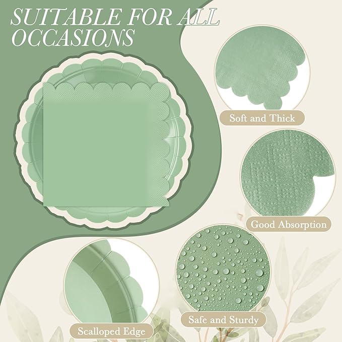120 Pcs Sage Green Paper Plates and Napkins Party Supplies Bulk Disposable 7 Inch Scalloped Plates Cocktail Napkins for Wedding Bridal Baby Shower Birthday Decorations, Serve 60 Guests