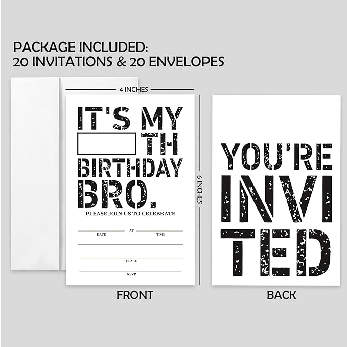 AEHIE 20 Sets Teen Boys Birthday Party Invitations With Envelopes, Black and White Double-sided Printed Birthday Party Invitation Invite Cards for Teen Boy Kids,Boys Birthday Party Invites