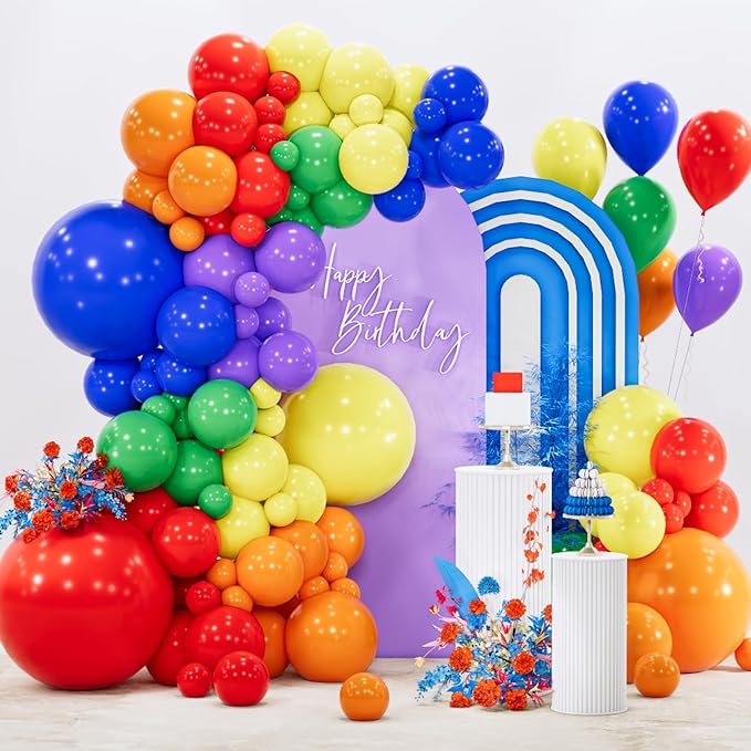 PartyWoo Rainbow Balloon Arch Kit Garland 142pcs Different Sizes of 18 12 10 5 Inch Colorful Blue Red Green Purple Yellow Orange Balloons for Baby Shower Graduation Birthday Party Decorations