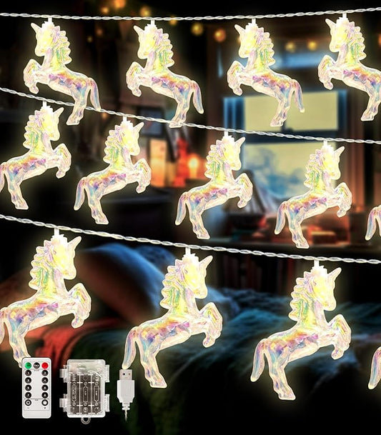 AceList 20 LED Unicorn String Lights, 10Ft Unicorn Birthday Decorations String Lights for Bedroom Party, USB&Battery Powered Waterproof Fairy Lights for Christmas Gifts, Tree Decor Indoor(White Wram)