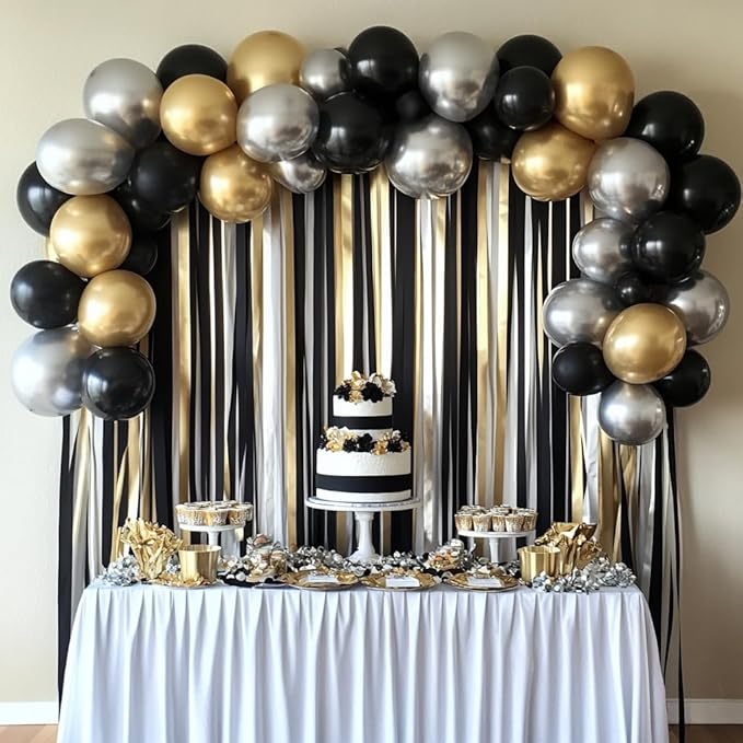 6 Black and Gold Streamers with Silver, 492ft Pack of Crepe Paper Streamers for Party Decorations, Birthday Streamers (1.8 inch x 82 ft/Roll)