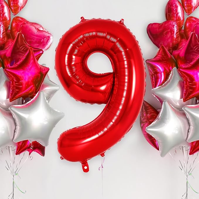 Red Number 9 Balloon 40 Inch, Big Large Foil Helium Number Balloons, Jumbo Giant Mylar Number 9 Balloons for 9 Year Old Birthday Red Party Decorations Supplies Anniversary