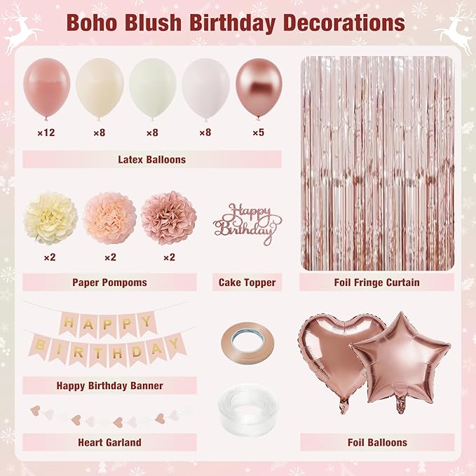 Boho Dusty Pink Birthday Decorations for Women, Happy Birthday Party Decorations, Happy Birthday Banner, Retro Pink Nude Ivory White Sand Balloons, Paper Pompoms, Heart Garland, Party Decor for Girls