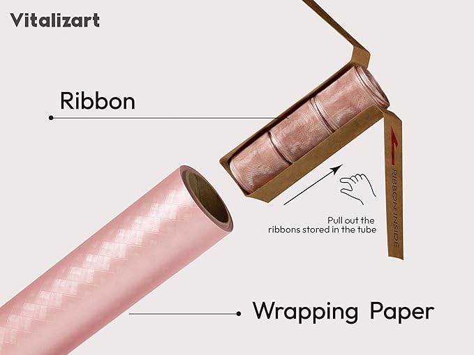 Vitalizart Pink Metallic Grid Wrapping Paper Set 17" With Organza Ribbon & Gift Tags Christmas Gift Wrapping Birthday Baby Shower Wedding Bouquets Handmade Crafts 197"(16.4 Ft) Pink Ribbon
