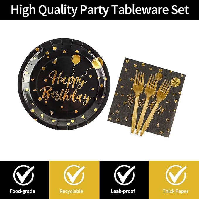 48PCS Happy Birthday Plates and Napkins Party Supplies, Black and Gold Disposable Paper Plates and Napkins with Forks Tableware Set for Birthday Party Decorations 16 Guests (Birthday Black)
